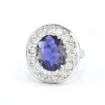 Forever Diamonds Oval Cut Blue Iolite Diamond Halo Ring in 14kt White Gold