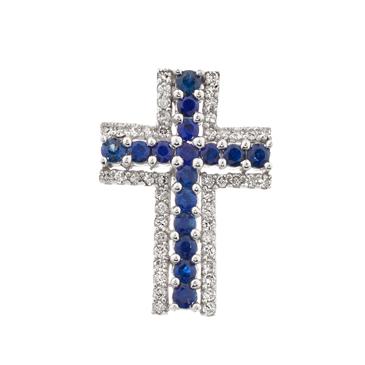 Forever Diamonds Diamond Blue Sapphire Cross Pendant in 14kt White Gold