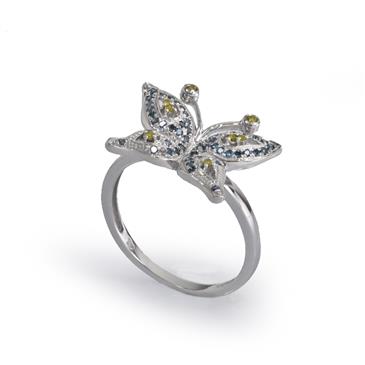 Forever Diamonds 0.23 CT. TDW Enhanced Blue and Yellow Diamond Butterfly Ring in 10kt White Gold