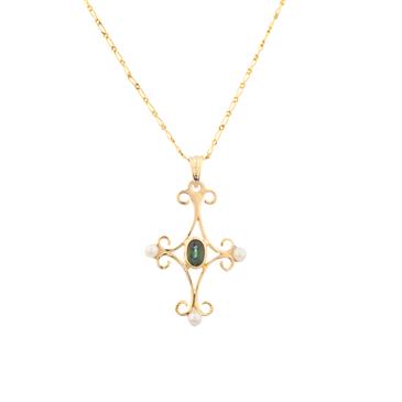 Forever Diamonds Green Tourmaline Pearl Cross in 14kt Gold
