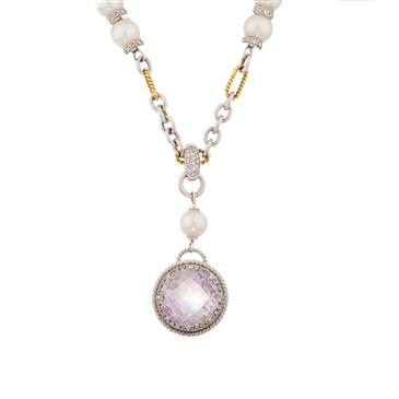 Forever Diamonds Kunzite Pearl Diamond Necklace in 14kt Two- Tone Gold