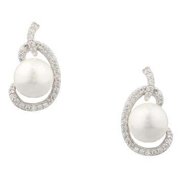 Forever Diamonds White Sapphire Pearl Earrings in Sterling Silver