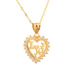 "I love Mom" CZ Heart Pendant in 14kt Gold 