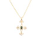 Forever Diamonds Green Tourmaline Pearl Cross in 14kt Gold